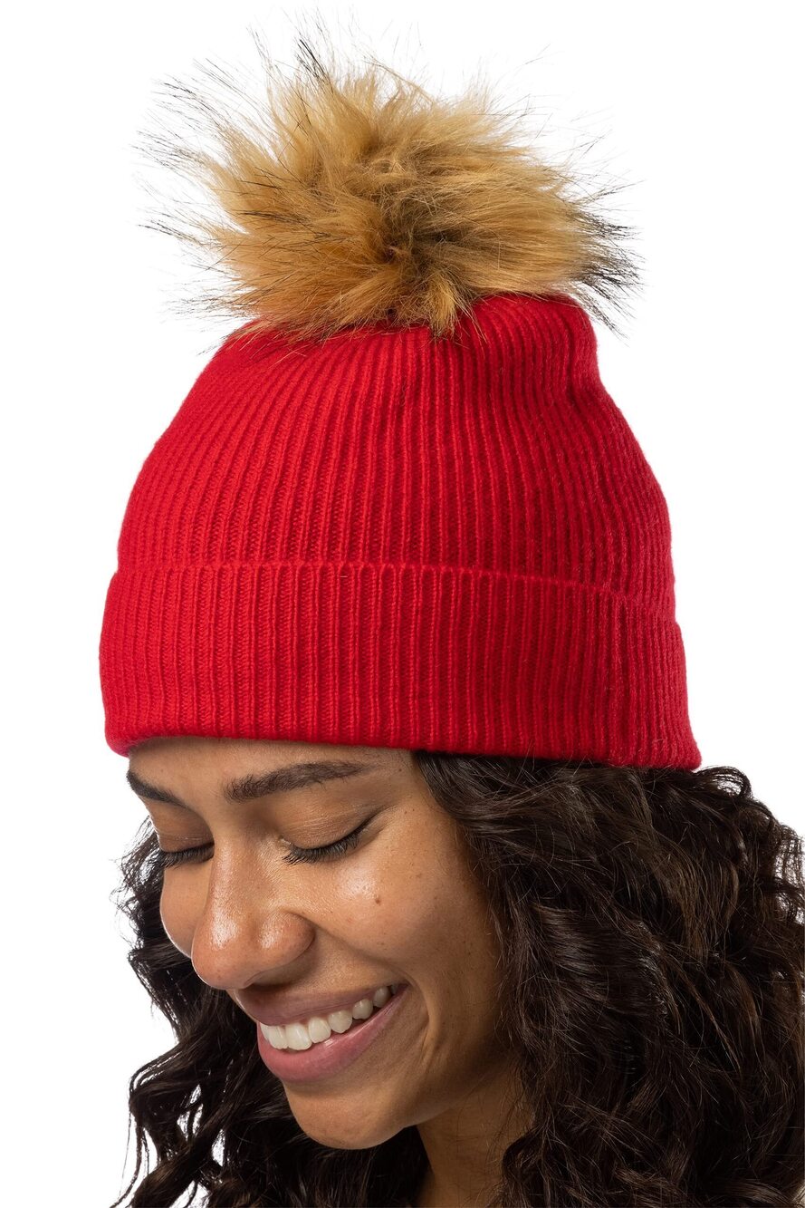 7098 100% Cashmere Cuffed Pom Beanie Cardinal Red